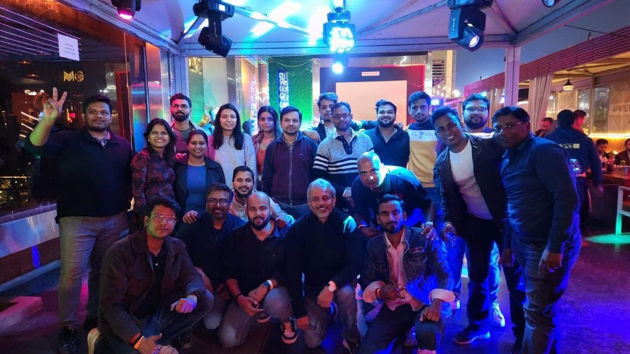 The team at an evening celebration